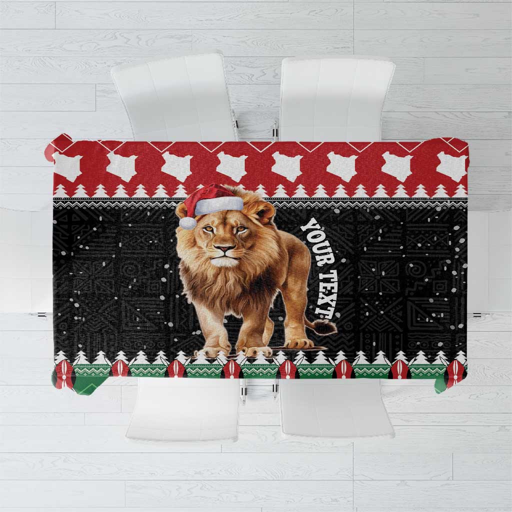 Red and black Christmas tablecloth with lion Santa and holiday icons border.