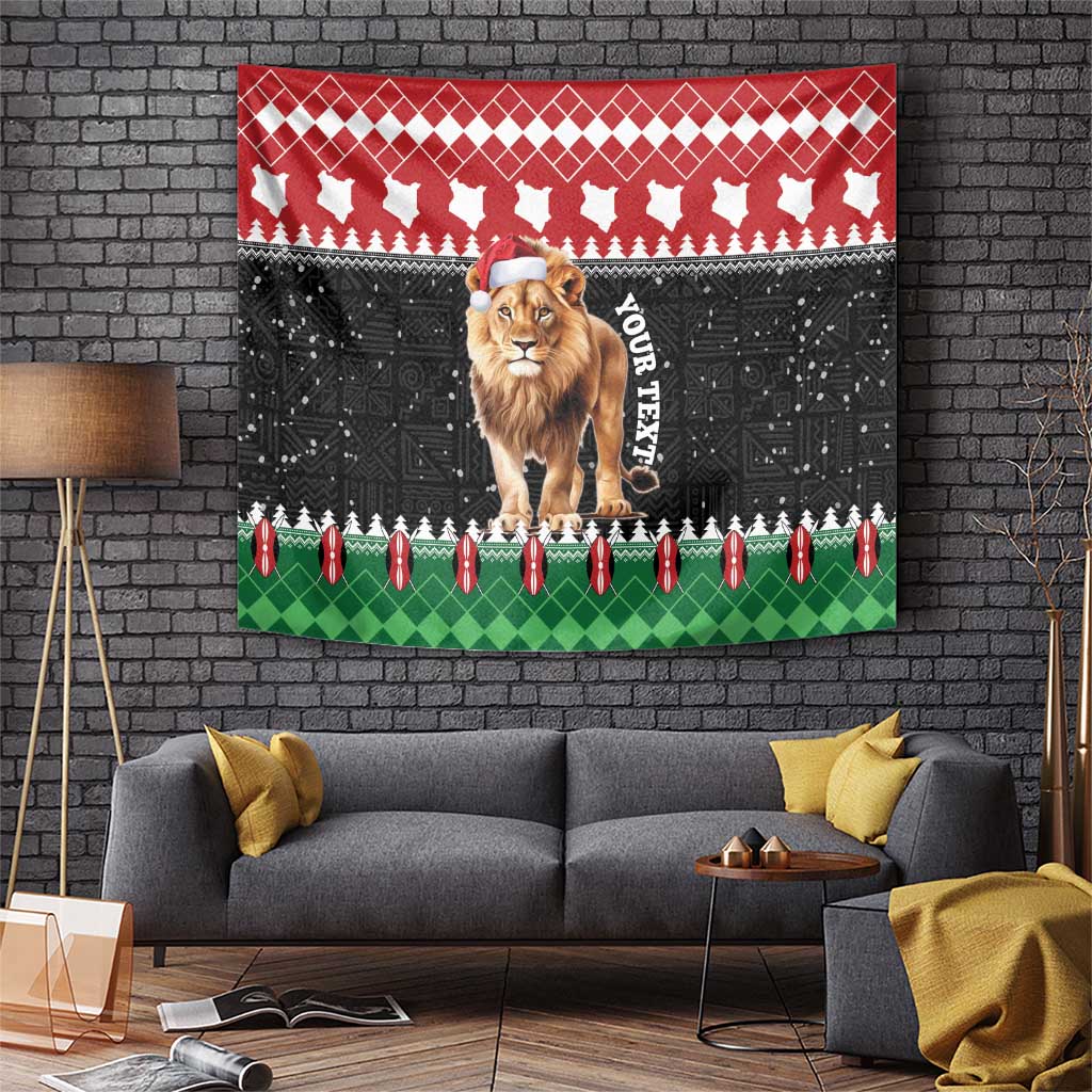 Personalized Kenya Christmas tapestry with lion in Santa hat, red black green holiday pattern