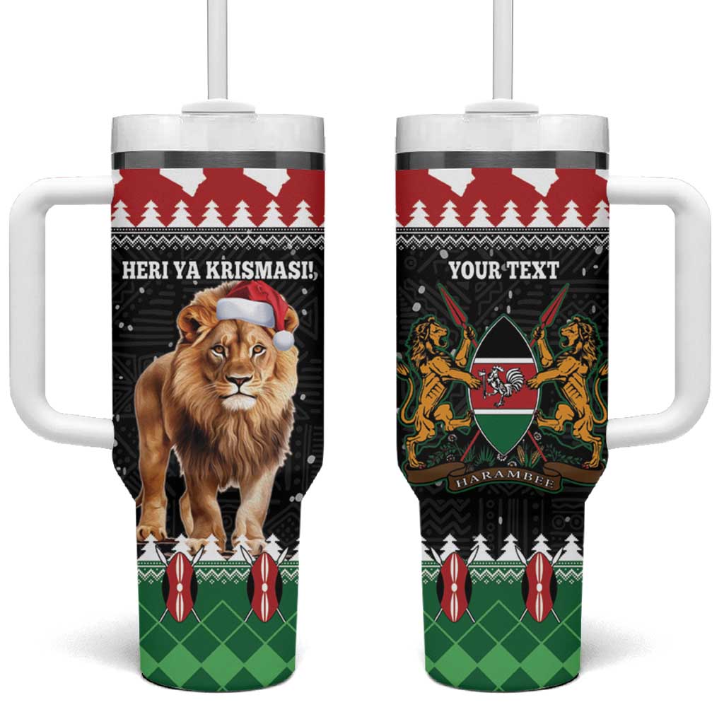 Personalized Christmas tumbler with handle, lion in Santa hat, trees, text "HERI YA KRIMASISI"