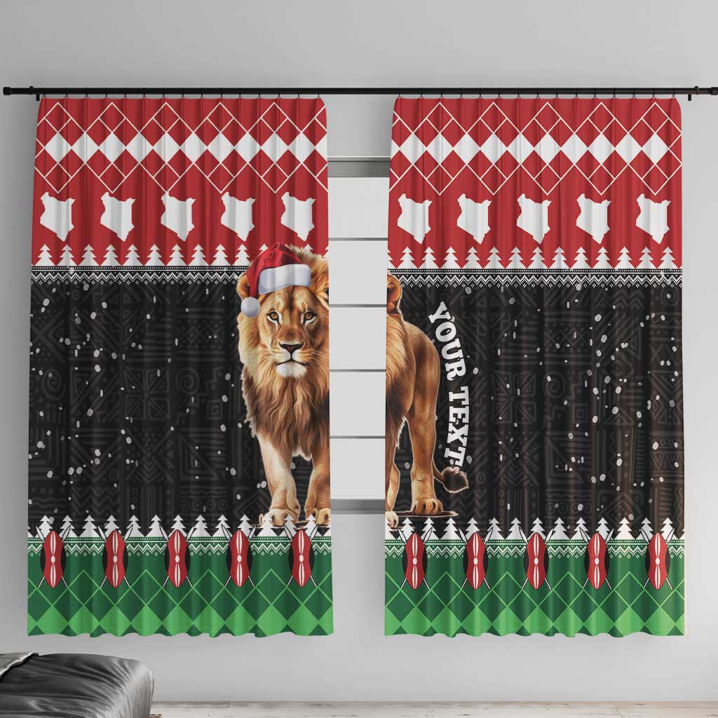 Red holiday window curtain set with lion and Santa hat, white diamond top, green base.