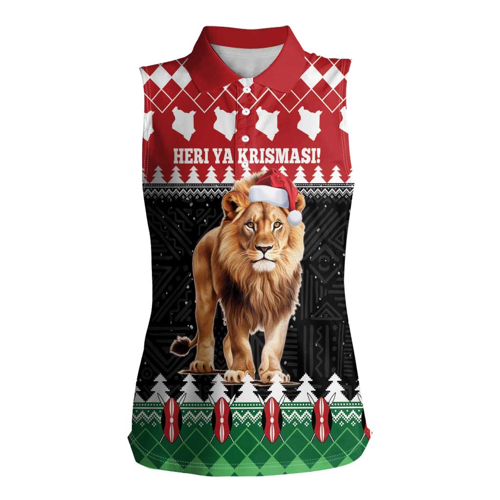 Personalized Kenya Christmas Women Sleeveless Polo Shirt Lion Santa - Heri Ya Krismasi! - Wonder Print Shop