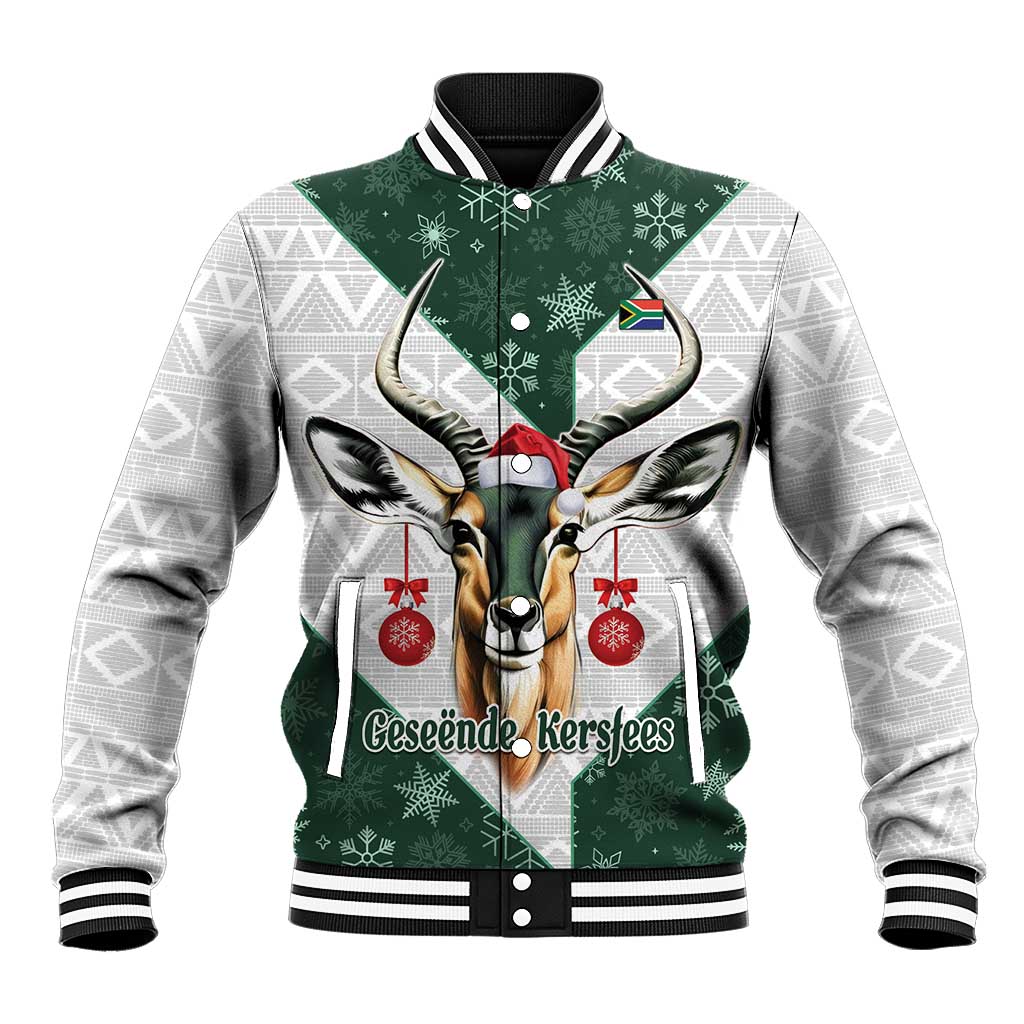 Unisex green-and-white baseball jacket with antelope reindeer graphic, snap front