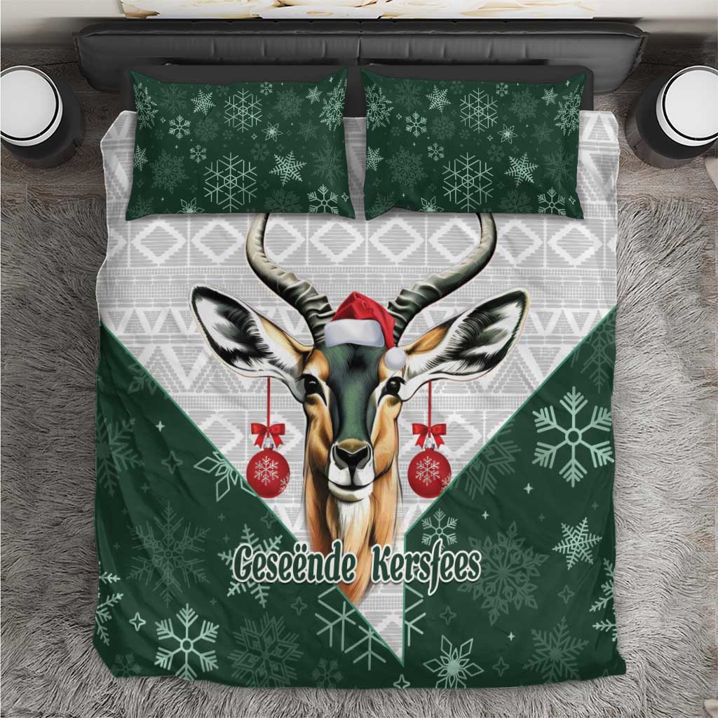 Green Christmas bedding set with Springboks Santa antelope and snowflakes
