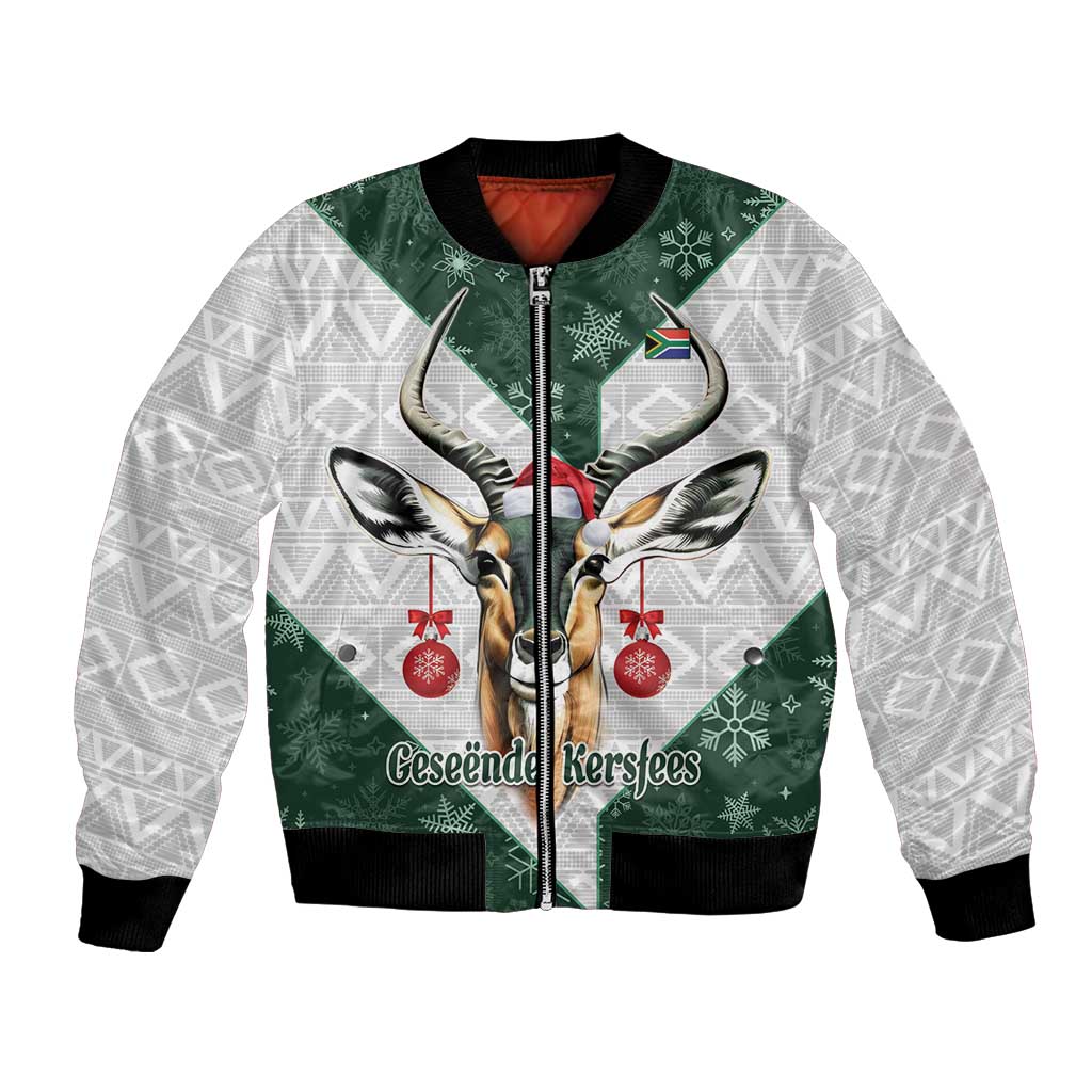 Unisex Christmas bomber jacket with green zip-front and winter antelope graphic