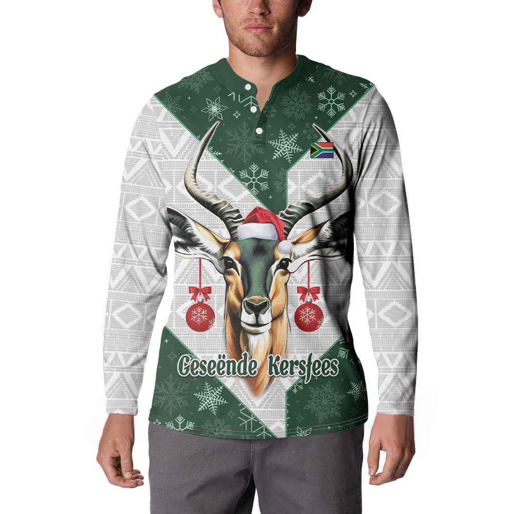 Green and gray button-up sweatshirt with springbok portrait graphic, red ornaments, button collar