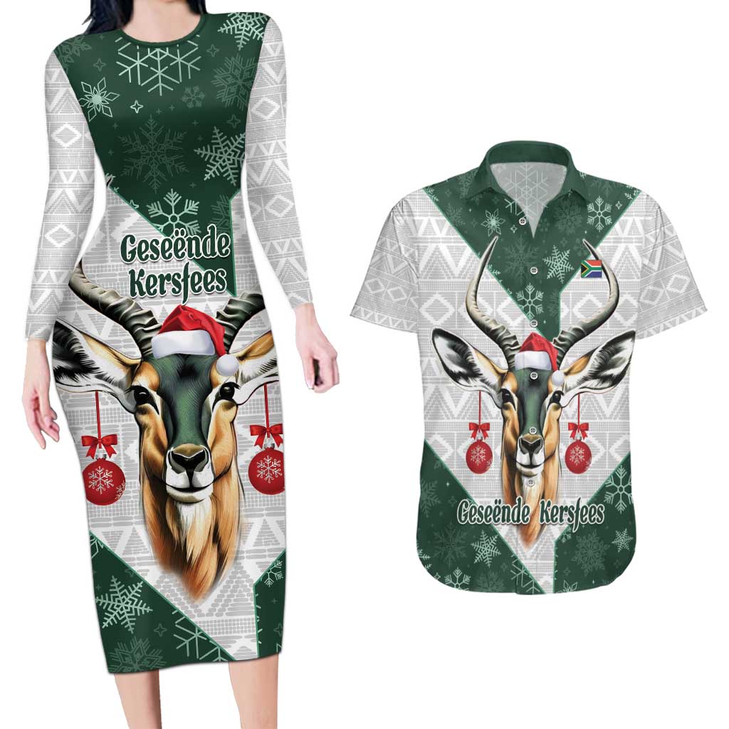 South Africa Springboks Christmas Couples Matching Long Sleeve Bodycon Dress and Hawaiian Shirt Bokke Santa - Geseende Kersfees - Wonder Print Shop