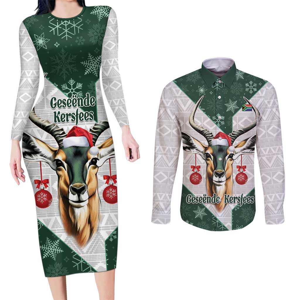 South Africa Springboks Christmas Couples Matching Long Sleeve Bodycon Dress and Long Sleeve Button Shirt Bokke Santa - Geseende Kersfees - Wonder Print Shop