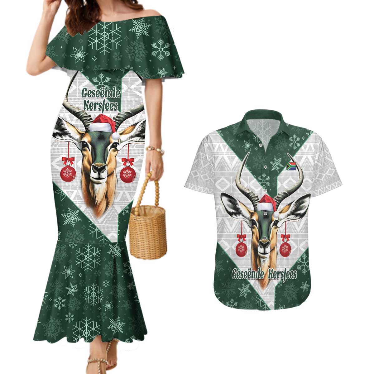 South Africa Springboks Christmas Couples Matching Mermaid Dress and Hawaiian Shirt Bokke Santa - Geseende Kersfees - Wonder Print Shop