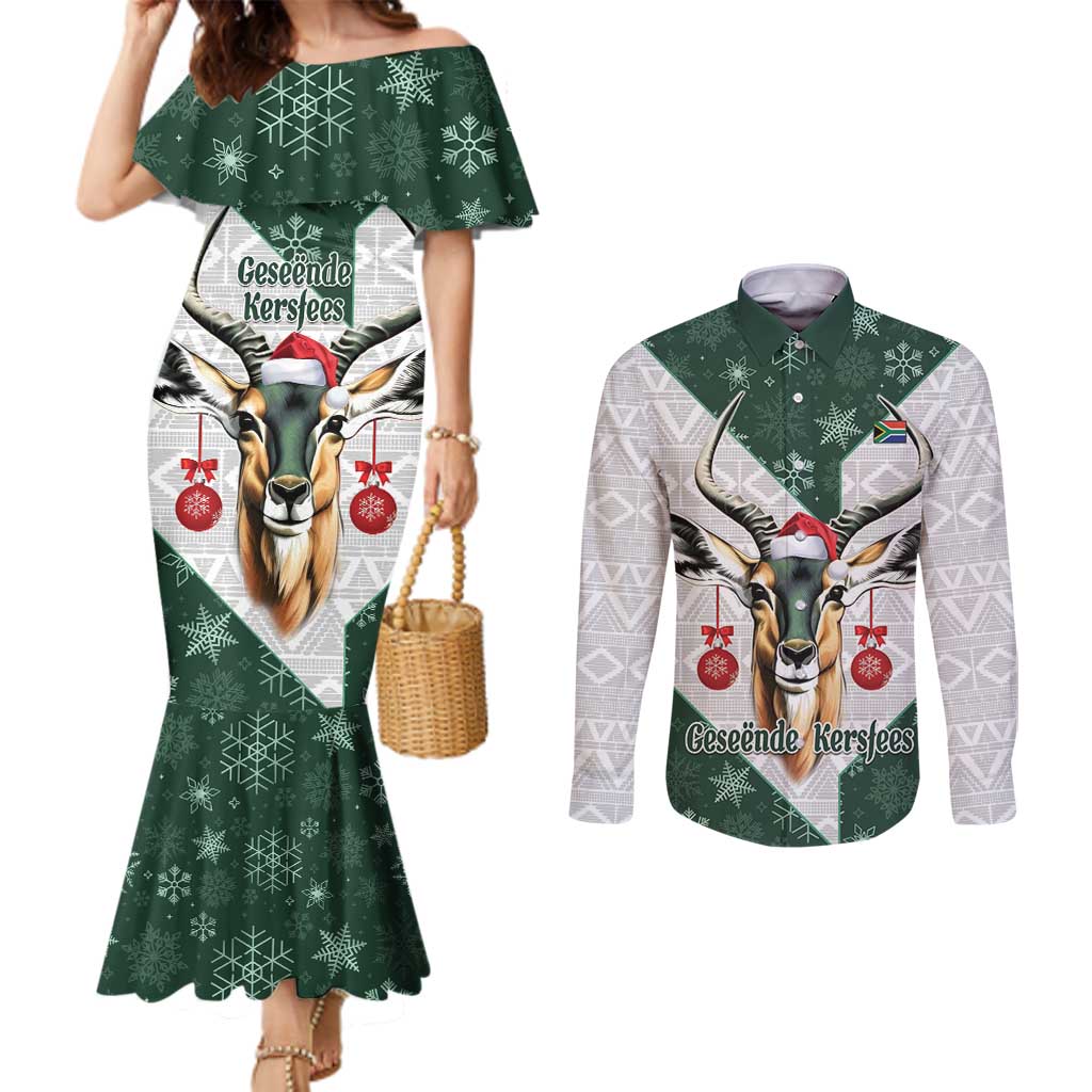 South Africa Springboks Christmas Couples Matching Mermaid Dress and Long Sleeve Button Shirt Bokke Santa - Geseende Kersfees