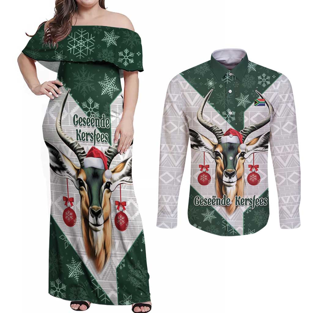 South Africa Springboks Christmas Couples Matching Off Shoulder Maxi Dress and Long Sleeve Button Shirt Bokke Santa - Geseende Kersfees - Wonder Print Shop