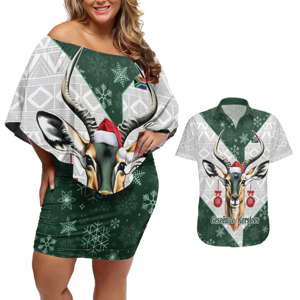 South Africa Springboks Christmas Couples Matching Off Shoulder Short Dress and Hawaiian Shirt Bokke Santa - Geseende Kersfees - Wonder Print Shop