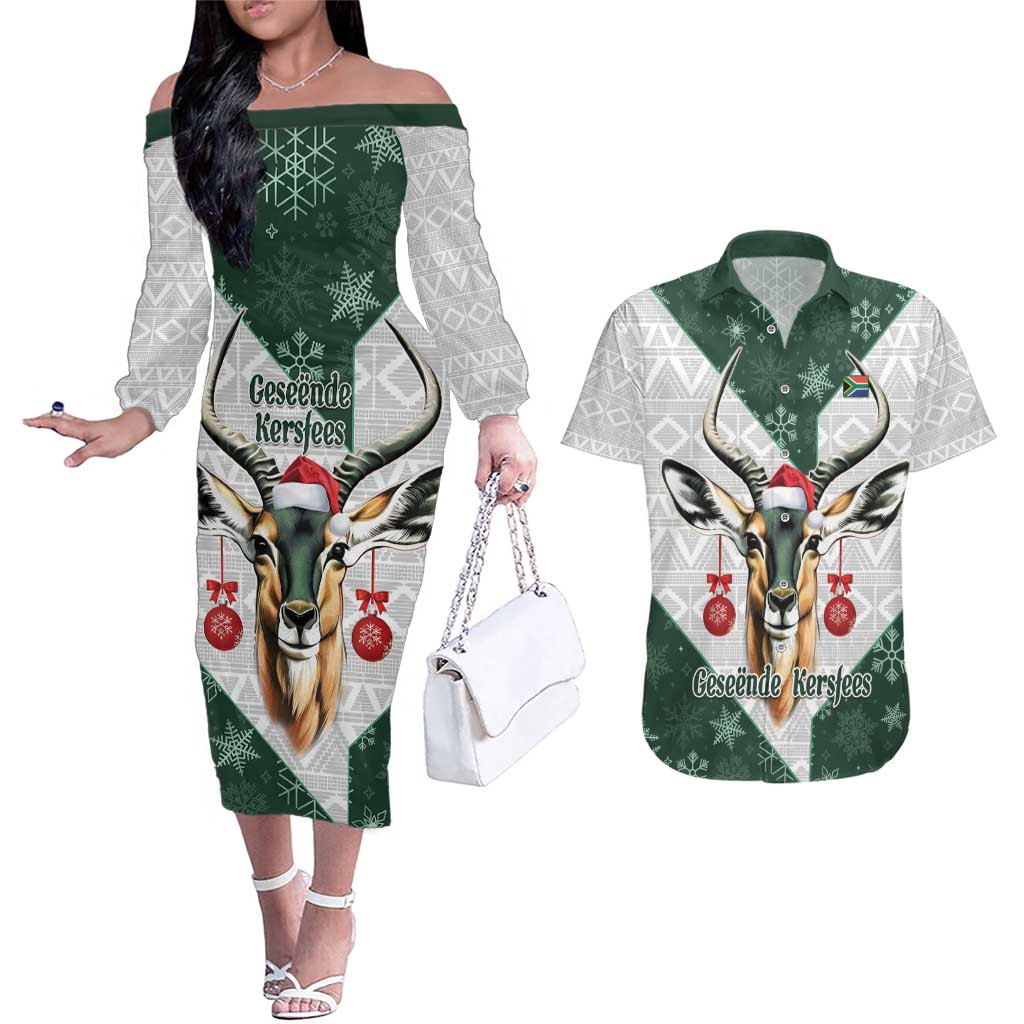 South Africa Springboks Christmas Couples Matching Off The Shoulder Long Sleeve Dress and Hawaiian Shirt Bokke Santa - Geseende Kersfees - Wonder Print Shop