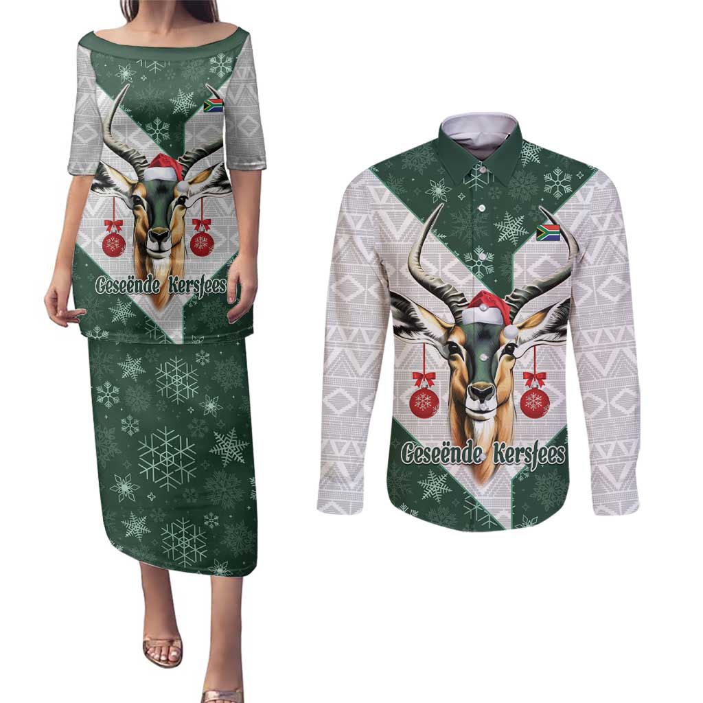 South Africa Springboks Christmas Couples Matching Puletasi and Long Sleeve Button Shirt Bokke Santa - Geseende Kersfees - Wonder Print Shop