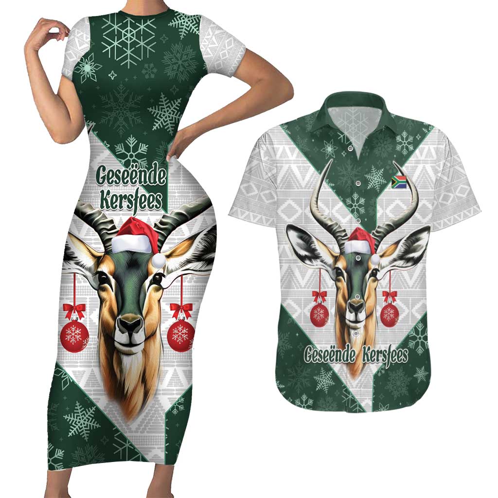 South Africa Springboks Christmas Couples Matching Short Sleeve Bodycon Dress and Hawaiian Shirt Bokke Santa - Geseende Kersfees - Wonder Print Shop