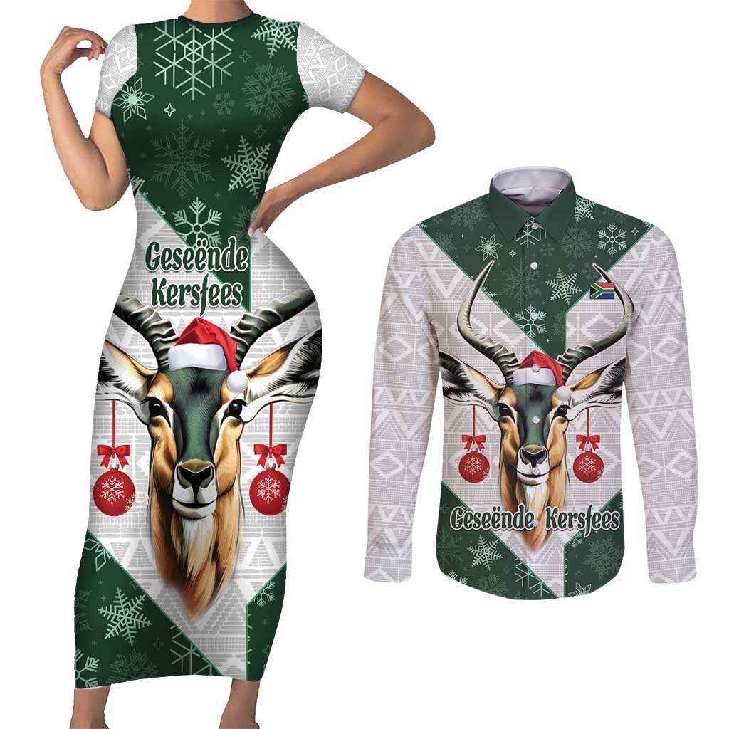 South Africa Springboks Christmas Couples Matching Short Sleeve Bodycon Dress and Long Sleeve Button Shirt Bokke Santa - Geseende Kersfees - Wonder Print Shop