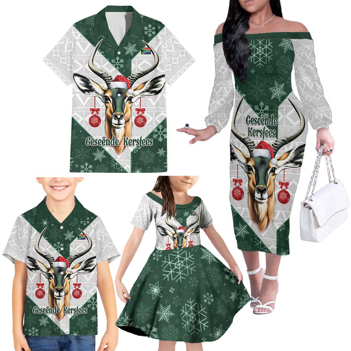 South Africa Springboks Christmas Family Matching Off The Shoulder Long Sleeve Dress and Hawaiian Shirt Bokke Santa - Geseende Kersfees - Wonder Print Shop