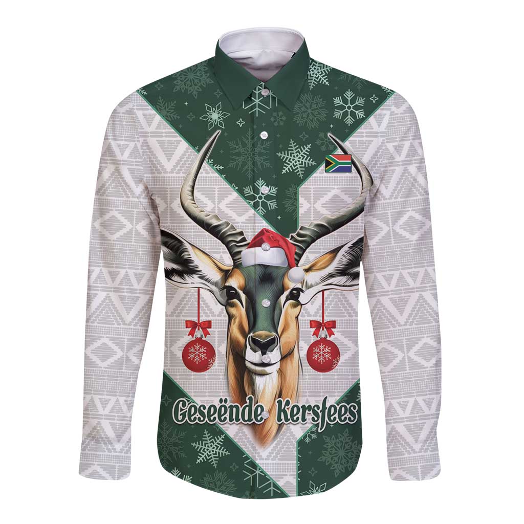 Green long-sleeve button shirt, white patterned sleeves, springbok graphic front