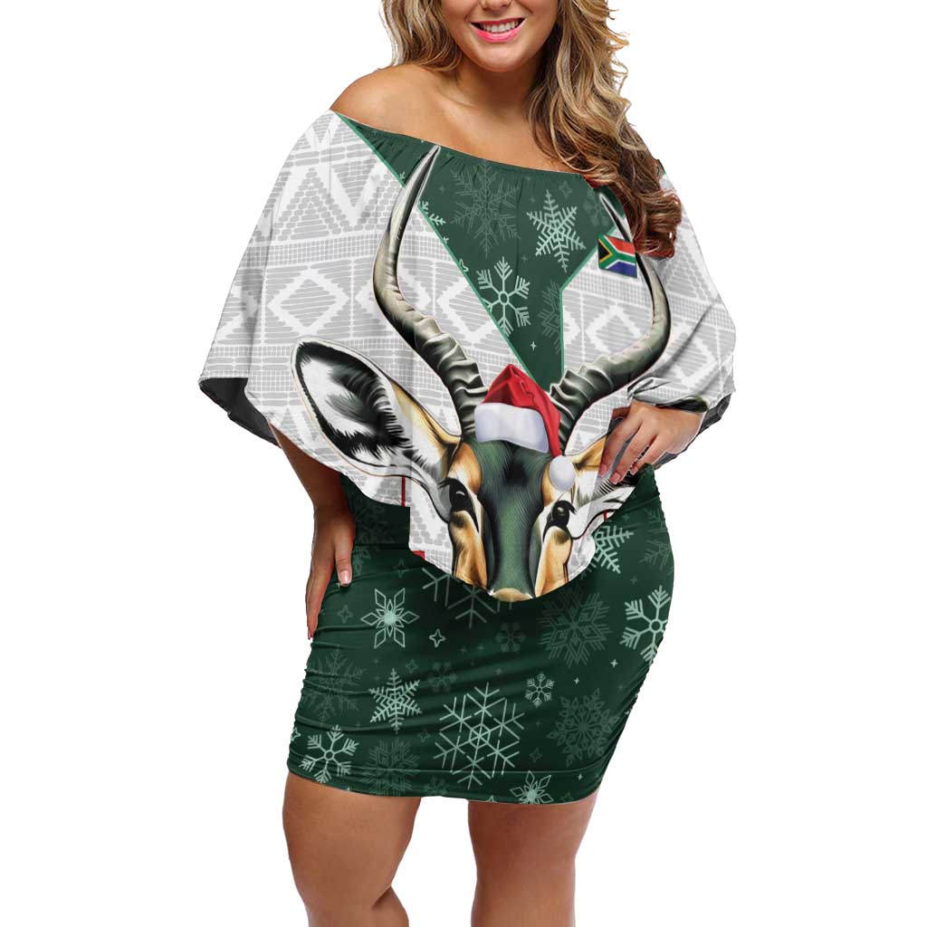 South Africa Springboks Christmas Off Shoulder Short Dress Bokke Santa - Geseende Kersfees - Wonder Print Shop