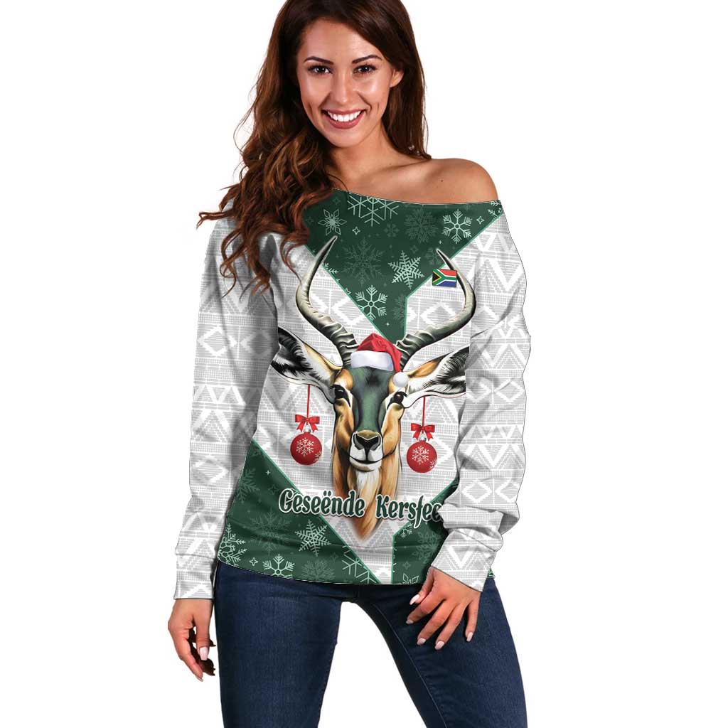 South Africa Springboks Christmas Off Shoulder Sweater Bokke Santa - Geseende Kersfees - Wonder Print Shop