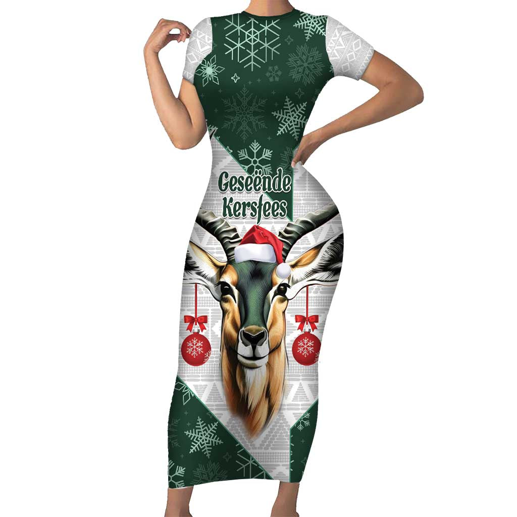 South Africa Springboks Christmas Short Sleeve Bodycon Dress Bokke Santa - Geseende Kersfees - Wonder Print Shop