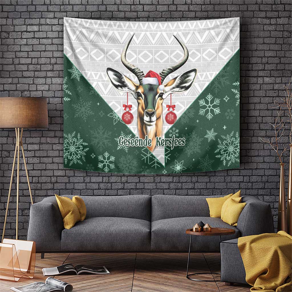 Springboks Christmas tapestry with Santa-hat antelope and Geseende Kersfees text