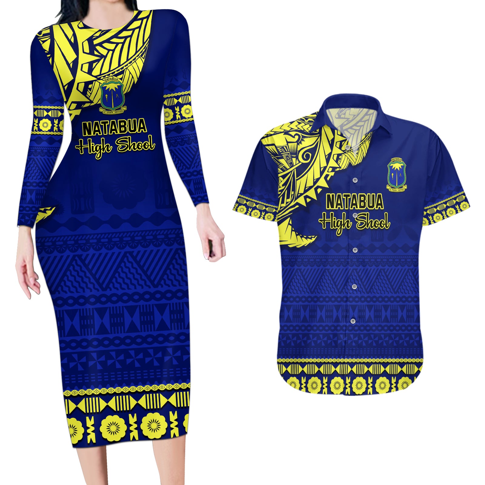 Personalised Fiji Natabua High School Couples Matching Long Sleeve Bodycon Dress and Hawaiian Shirt Fijian Tapa Pattern - Wonder Print Shop