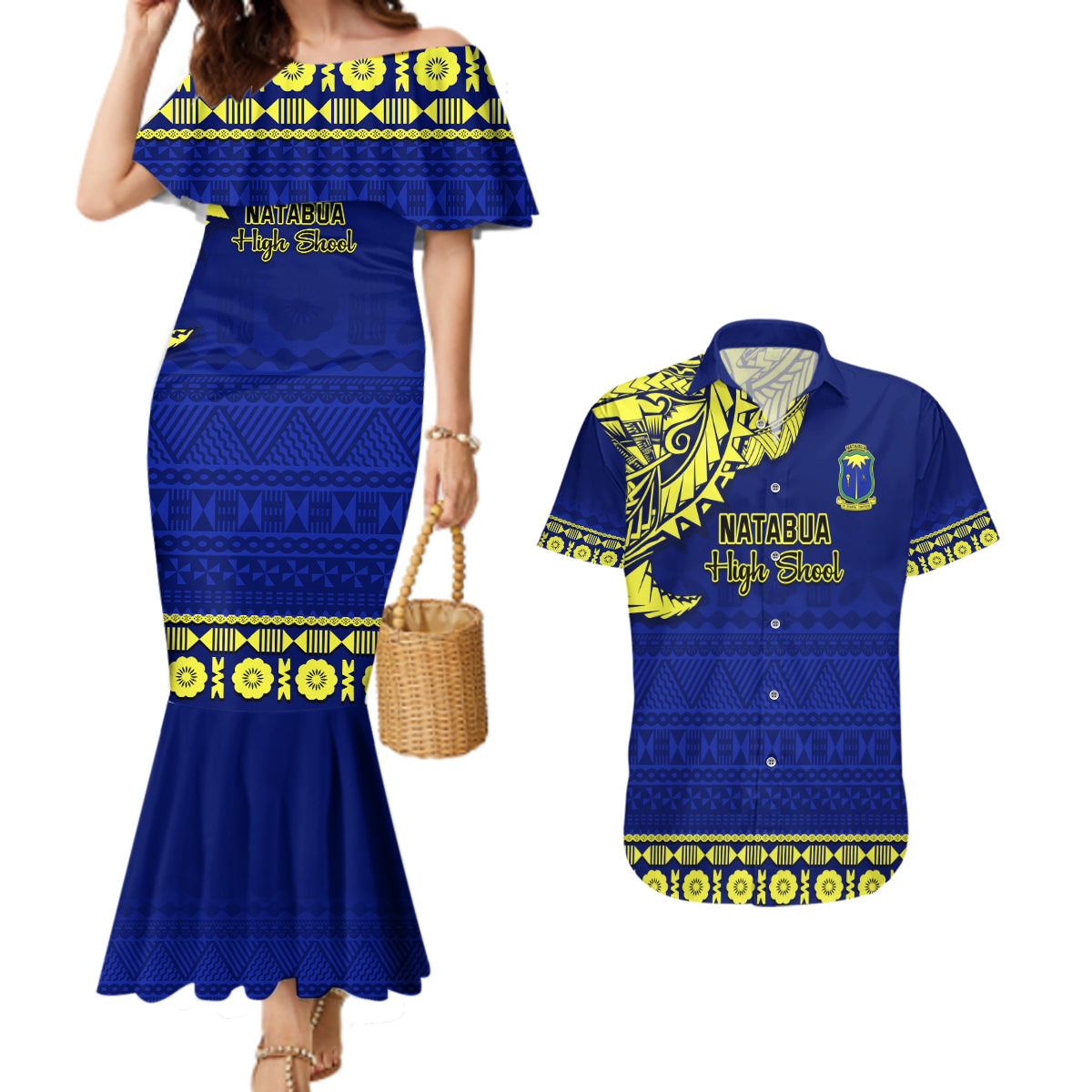 Personalised Fiji Natabua High School Couples Matching Mermaid Dress and Hawaiian Shirt Fijian Tapa Pattern - Wonder Print Shop