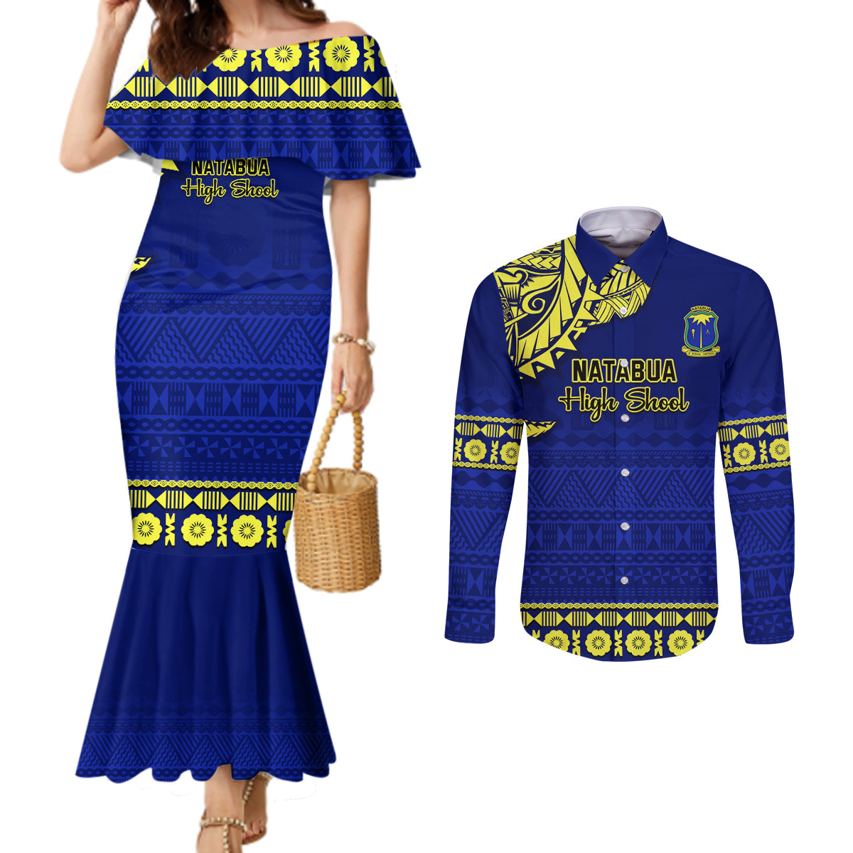 personalised-fiji-natabua-high-school-couples-matching-mermaid-dress-and-long-sleeve-button-shirt-fijian-tapa-pattern