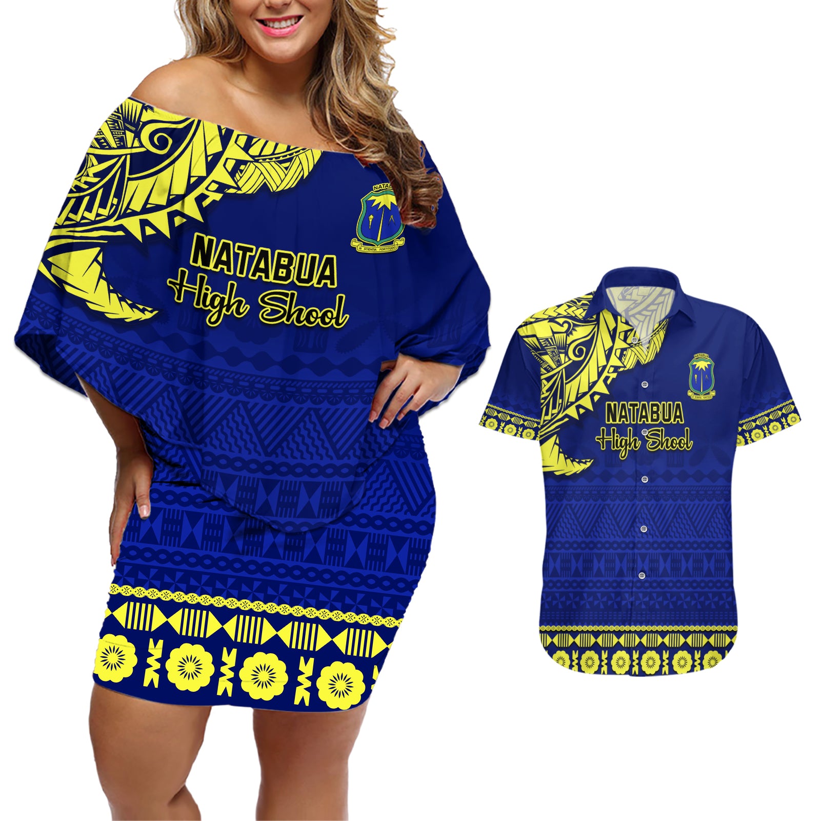 Personalised Fiji Natabua High School Couples Matching Off Shoulder Short Dress and Hawaiian Shirt Fijian Tapa Pattern - Wonder Print Shop