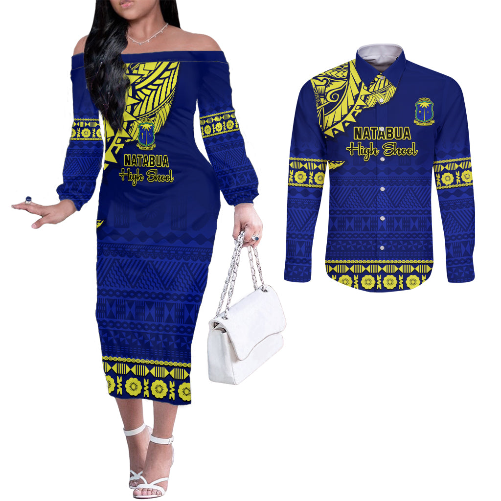 personalised-fiji-natabua-high-school-couples-matching-off-the-shoulder-long-sleeve-dress-and-long-sleeve-button-shirt-fijian-tapa-pattern