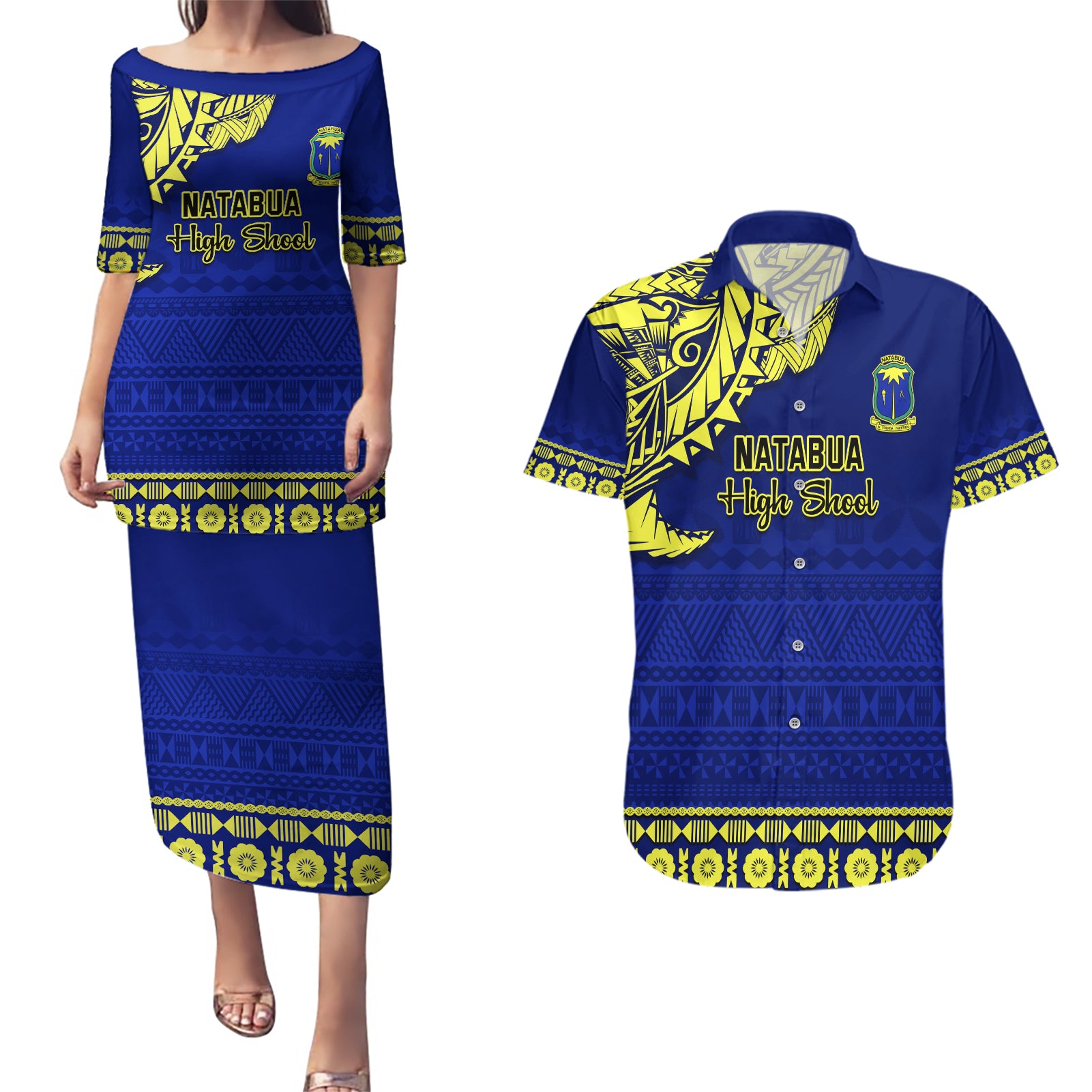 Personalised Fiji Natabua High School Couples Matching Puletasi Dress and Hawaiian Shirt Fijian Tapa Pattern - Wonder Print Shop