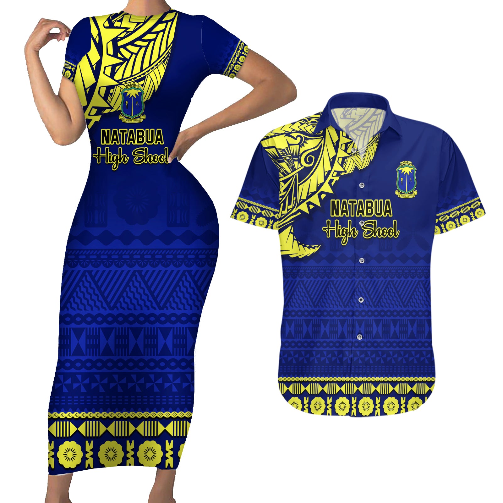 Personalised Fiji Natabua High School Couples Matching Short Sleeve Bodycon Dress and Hawaiian Shirt Fijian Tapa Pattern - Wonder Print Shop