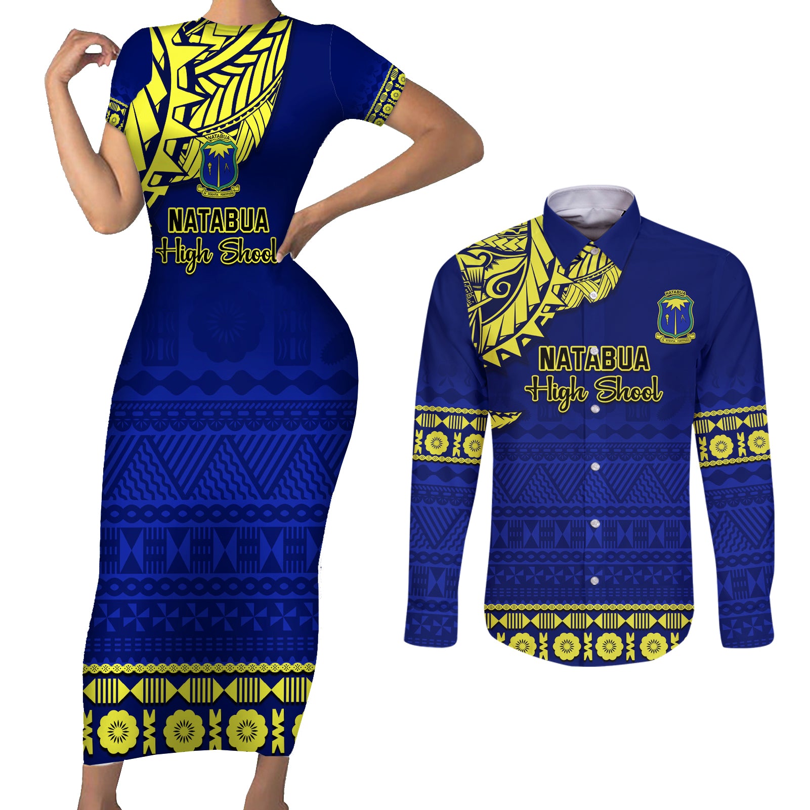 Personalised Fiji Natabua High School Couples Matching Short Sleeve Bodycon Dress and Long Sleeve Button Shirt Fijian Tapa Pattern - Wonder Print Shop