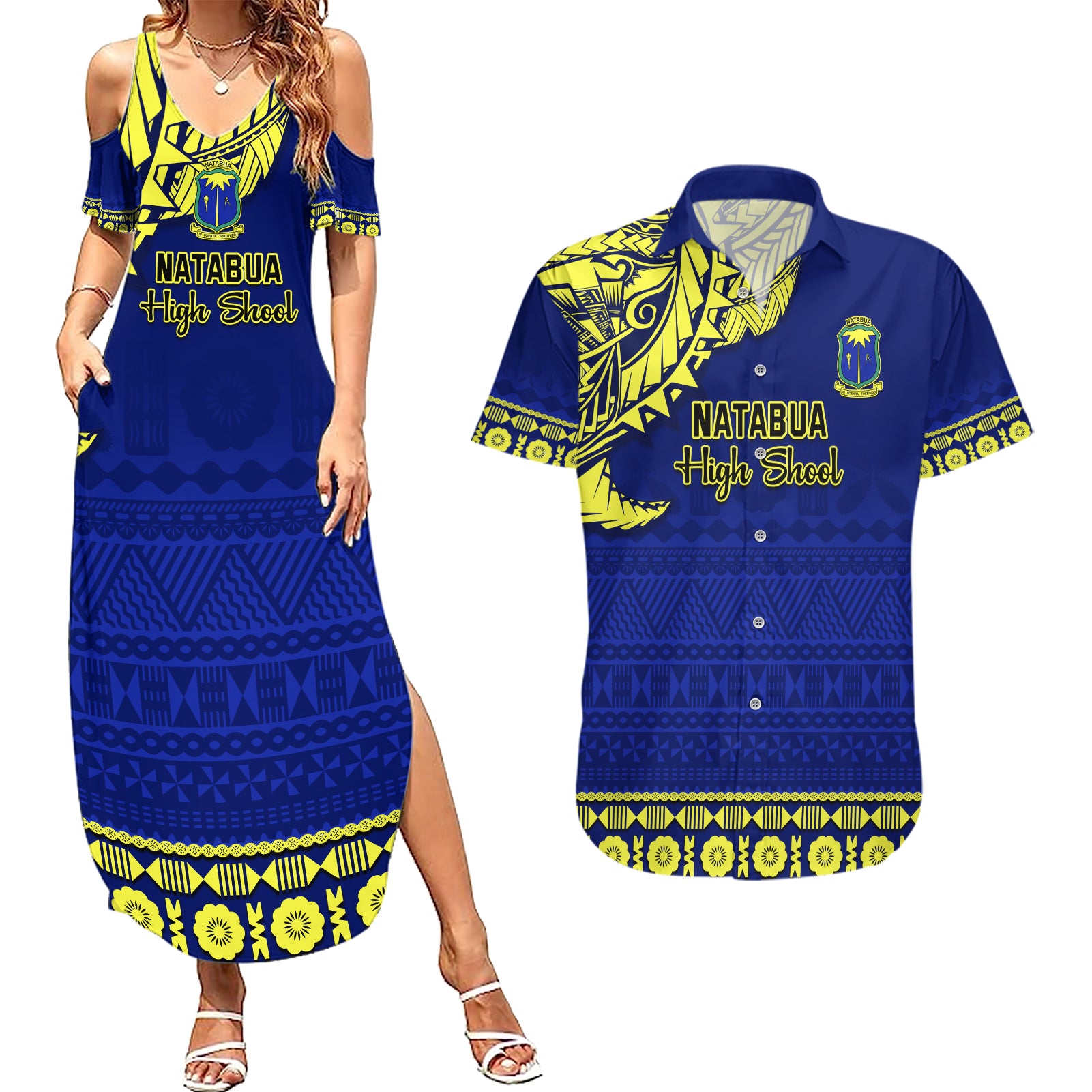 Personalised Fiji Natabua High School Couples Matching Summer Maxi Dress and Hawaiian Shirt Fijian Tapa Pattern - Wonder Print Shop