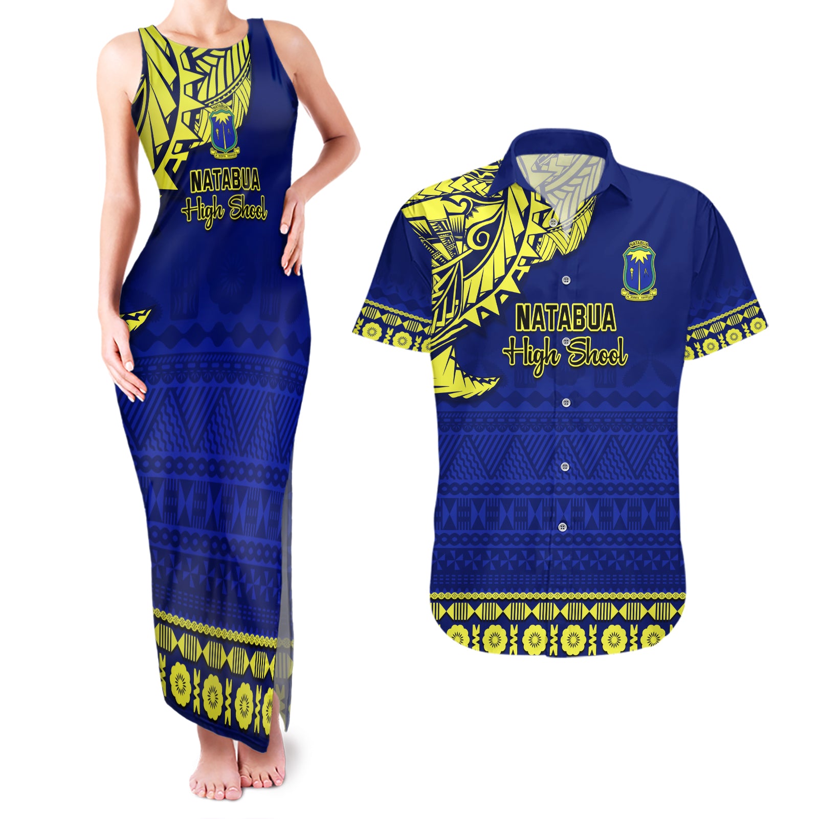 Personalised Fiji Natabua High School Couples Matching Tank Maxi Dress and Hawaiian Shirt Fijian Tapa Pattern - Wonder Print Shop