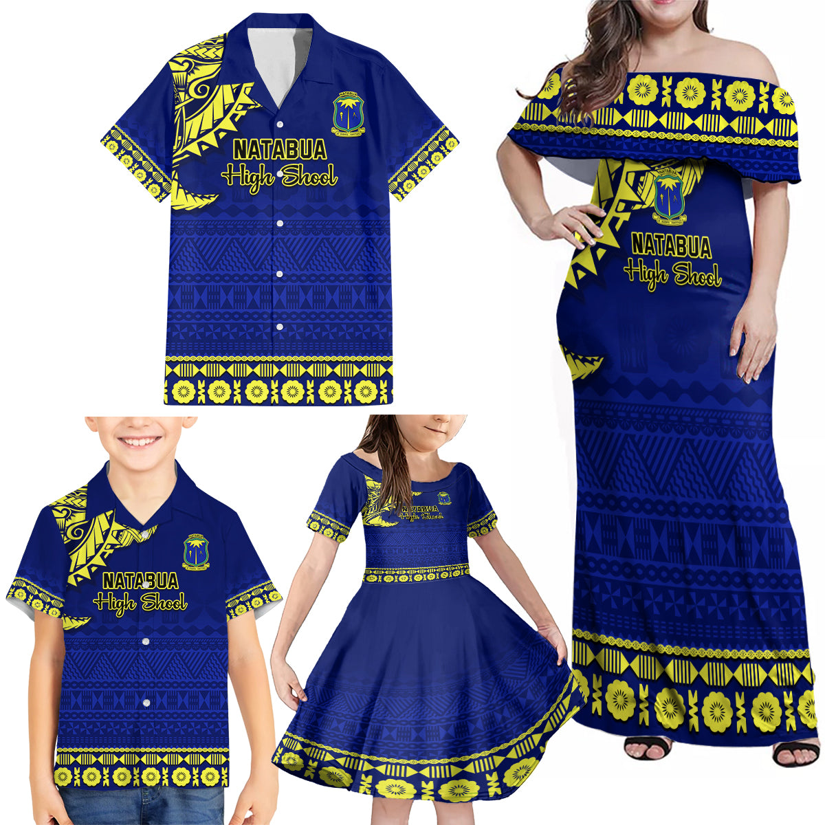 Personalised Fiji Natabua High School Family Matching Off Shoulder Maxi Dress and Hawaiian Shirt Fijian Tapa Pattern - Wonder Print Shop