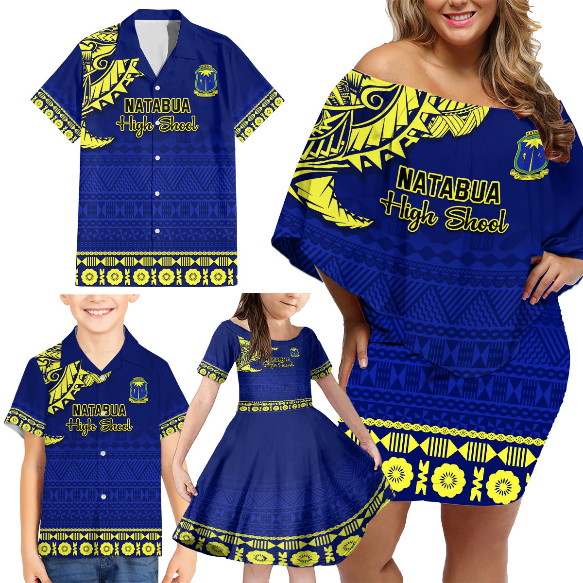 Personalised Fiji Natabua High School Family Matching Off Shoulder Short Dress and Hawaiian Shirt Fijian Tapa Pattern - Wonder Print Shop