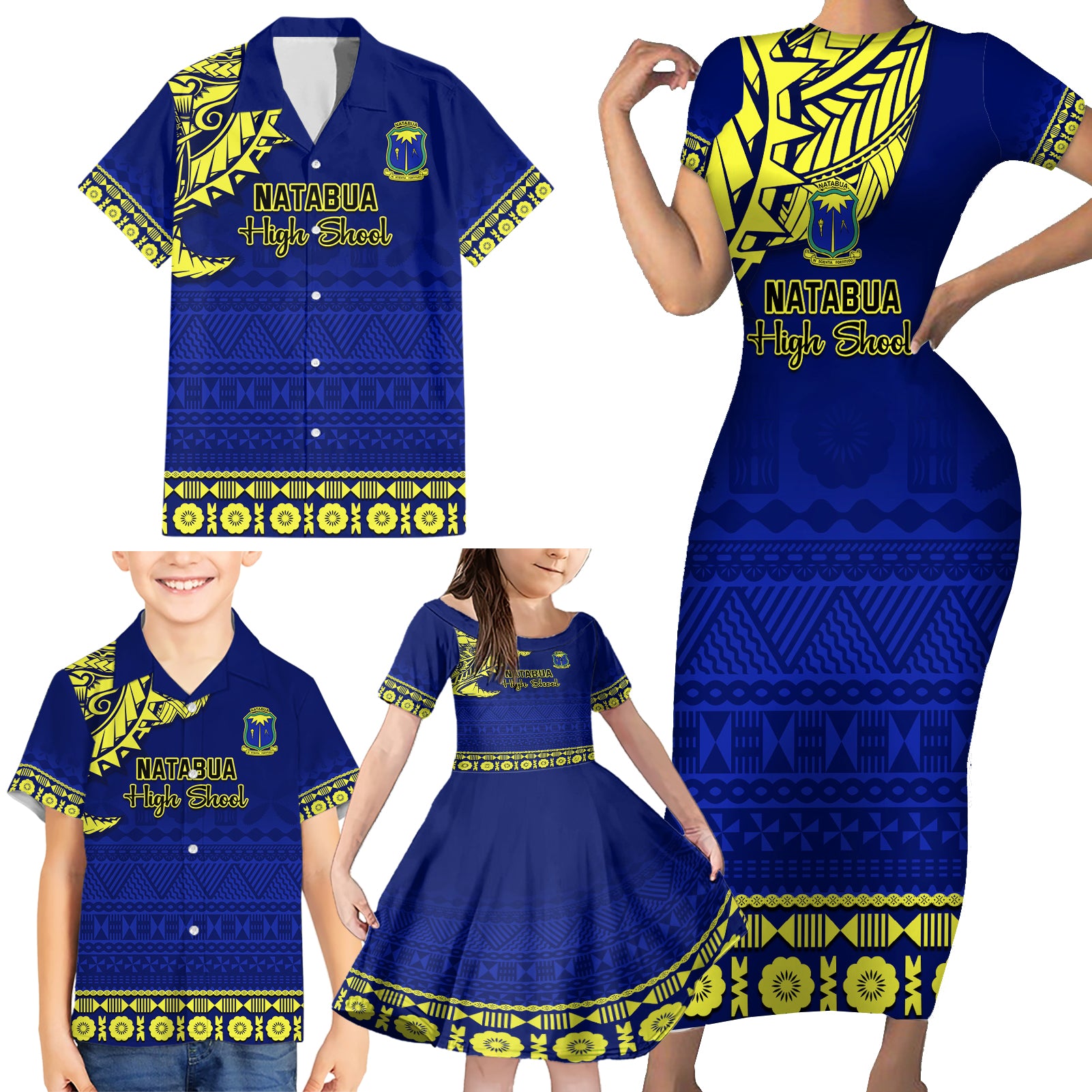 Personalised Fiji Natabua High School Family Matching Short Sleeve Bodycon Dress and Hawaiian Shirt Fijian Tapa Pattern - Wonder Print Shop