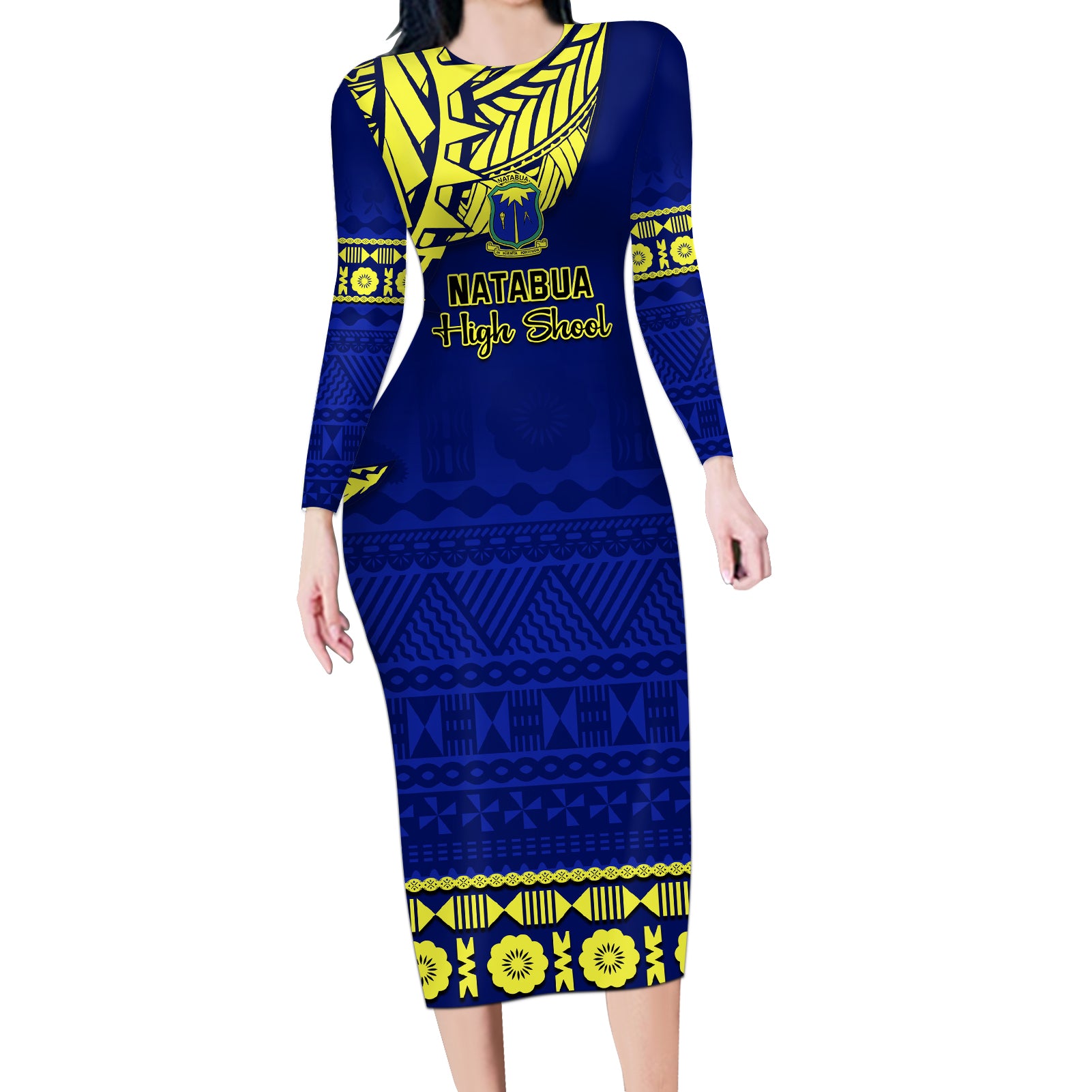 Personalised Fiji Natabua High School Long Sleeve Bodycon Dress Fijian Tapa Pattern - Wonder Print Shop