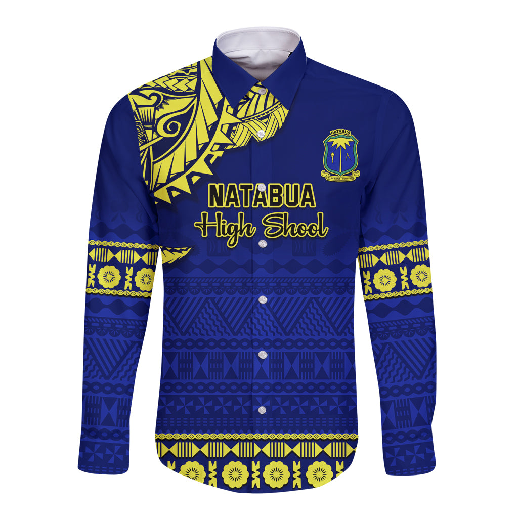 Blue long-sleeve button shirt with yellow Fijian tapa pattern and school crest