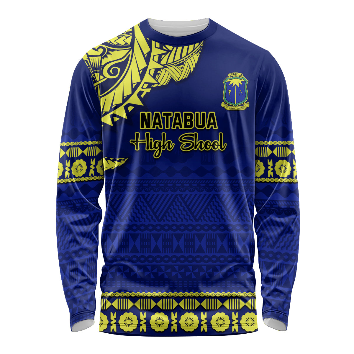 Blue long sleeve school shirt with yellow-green tapa pattern and NATABUA High School print