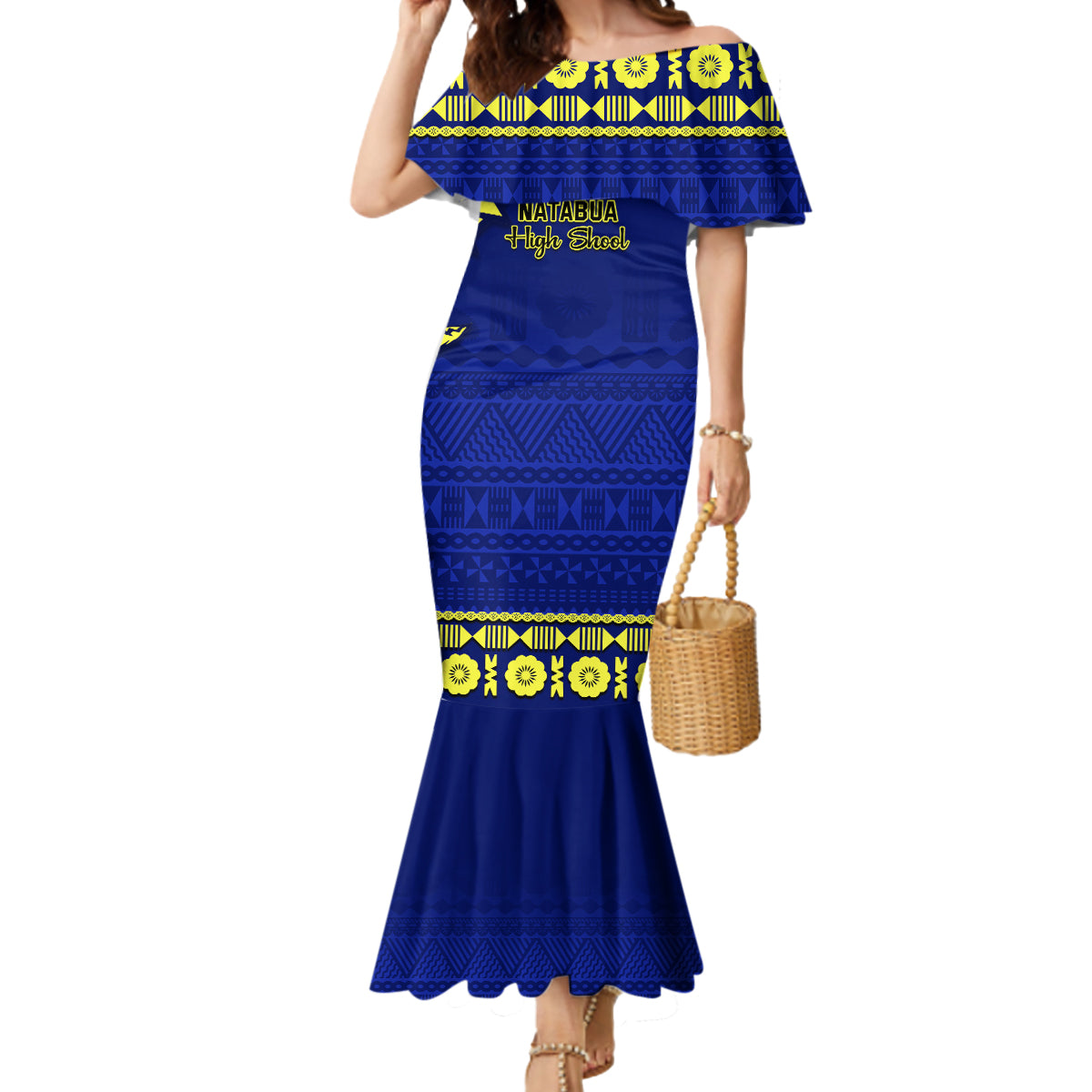 Personalised Fiji Natabua High School Mermaid Dress Fijian Tapa Pattern - Wonder Print Shop