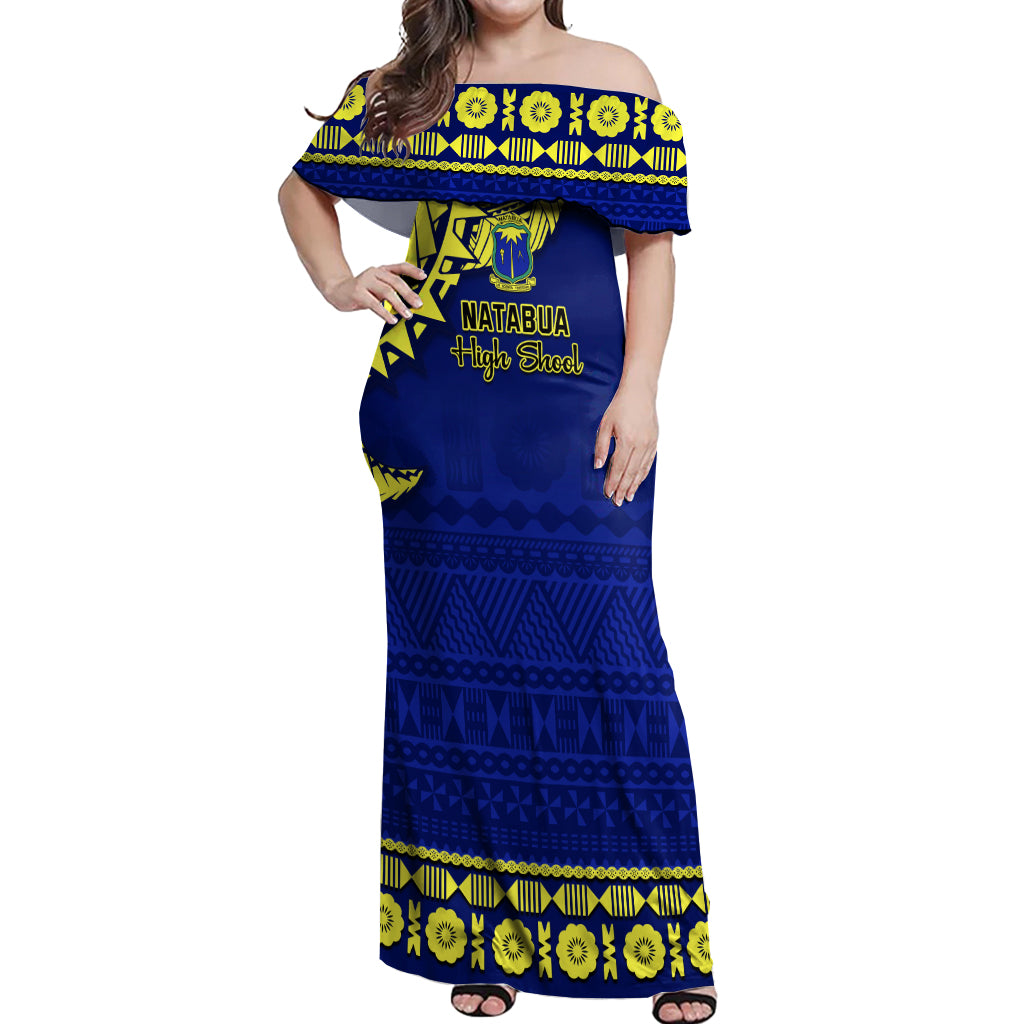 Personalised Fiji Natabua High School Off Shoulder Maxi Dress Fijian Tapa Pattern - Wonder Print Shop