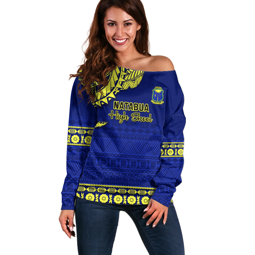 Personalised Fiji Natabua High School Off Shoulder Sweater Fijian Tapa Pattern - Wonder Print Shop