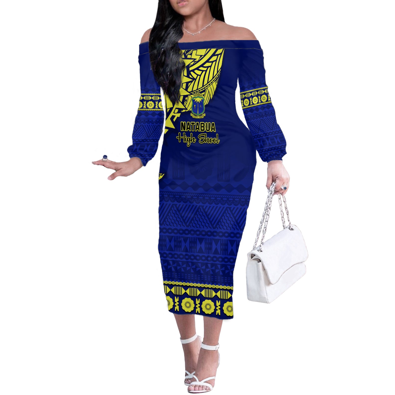 Personalised Fiji Natabua High School Off The Shoulder Long Sleeve Dress Fijian Tapa Pattern - Wonder Print Shop