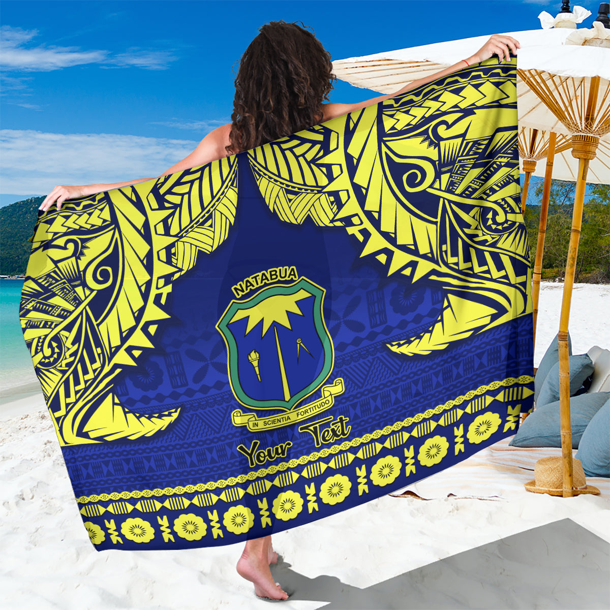 Blue and yellow tapa-pattern high school sarong with bold tribal print