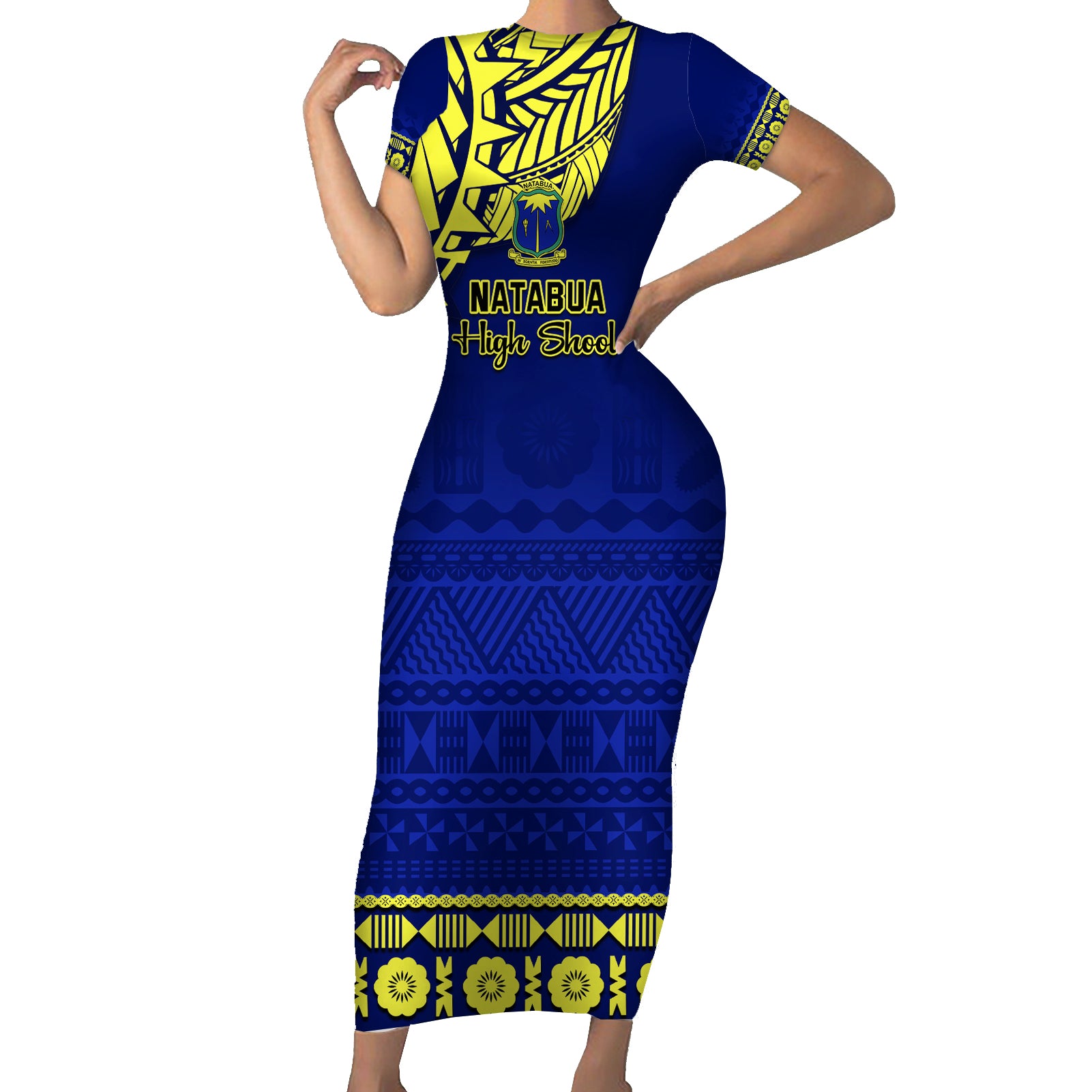 Personalised Fiji Natabua High School Short Sleeve Bodycon Dress Fijian Tapa Pattern - Wonder Print Shop