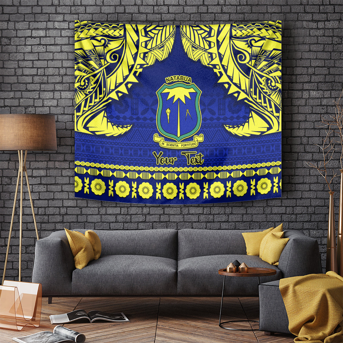 Personalised Fiji tapa pattern tapestry, blue and yellow with crest and 'Your Text' panel