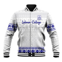 Unisex white baseball jacket with tapa pattern, blue trim, snap front, ribbed collar and cuffs.