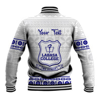 Unisex white baseball jacket back with tapa pattern, blue crest and text, ribbed hem and cuffs.